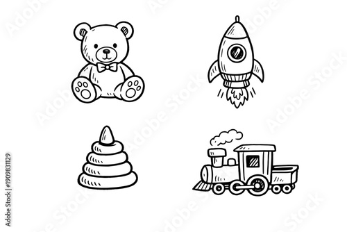 Four minimalist white line drawings of children's toys featuring a teddy bear, a space rocket, a stacking ring toy, and a steam locomotive, isolated on a solid black background.