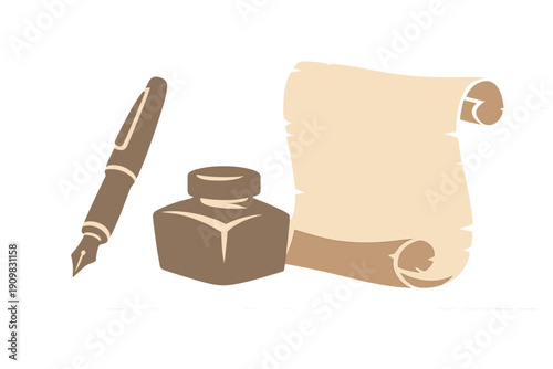 This graphic illustration depicts a classic fountain pen, a square inkwell, and an open parchment scroll in shades of brown and beige set against a black backdrop.