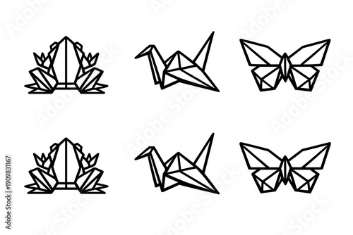 A collection of six geometric line art icons featuring a frog, a crane, and a butterfly in an origami style. The minimalist black and white design uses clean lines and symmetrical shapes.