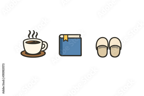A flat illustration featuring a steaming cup of coffee on a saucer, a blue book with a yellow bookmark, and a pair of beige slippers, all set against a solid black background.