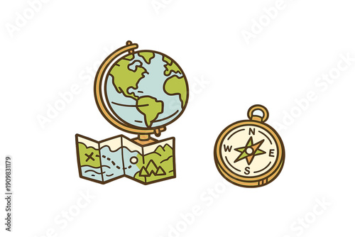 A flat illustration featuring a world globe on a stand, a folded paper map with a treasure mark, and a classic compass, all set against a solid black background for a travel theme.