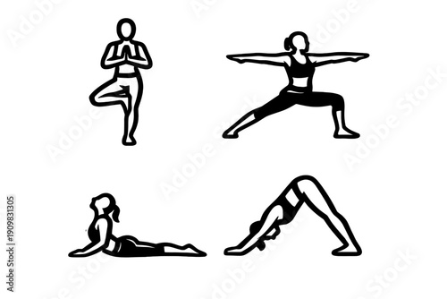 Four white silhouettes of a woman performing various yoga poses, including tree pose and downward dog, are displayed against a solid black background in a minimalist style.