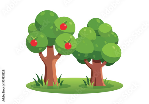 Apple trees with red fruits standing on green grass field landscape nature vector illustration