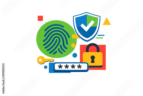 A flat vector illustration featuring digital security icons including a fingerprint, a shield with a checkmark, a padlock, a key, and a password field on a black background.