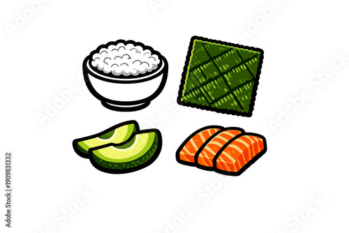 A collection of sushi ingredients including white rice, a square of green nori seaweed, fresh avocado slices, and pieces of salmon sashimi isolated on a black background.