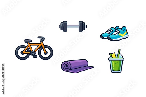 A collection of fitness icons including an orange bicycle, a grey dumbbell, blue running shoes, a purple yoga mat, and a green smoothie, all set against a solid black background.