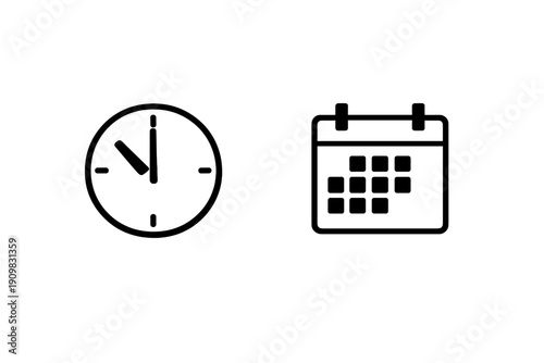 A minimalist black and white illustration featuring an analog clock and a calendar icon side by side. This graphic represents concepts of time management, scheduling, and planning.