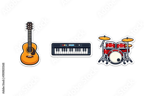 A collection of three musical instrument stickers featuring an acoustic guitar, an electronic keyboard, and a red drum kit set against a solid black background.