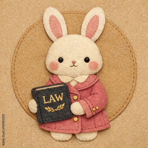 White plush bunny in a pink jacket with a book