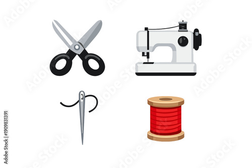 A collection of four sewing icons including a pair of scissors, a white sewing machine, a needle with thread, and a spool of red thread, all presented on a solid black background.