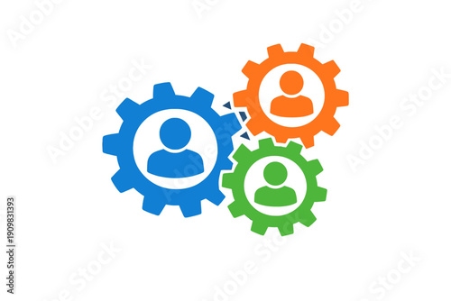 An illustration of three colorful interlocking gears with human icons inside, representing professional collaboration, teamwork, and organizational synergy on a black background.