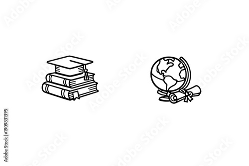Two white line art icons on a black background featuring a graduation cap on a stack of books and a globe with a diploma scroll, representing global education and academic success.