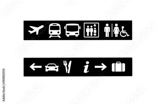 A set of white transportation and service icons on a black background, including symbols for flight, train, bus, elevator, restrooms, dining, information, and luggage.