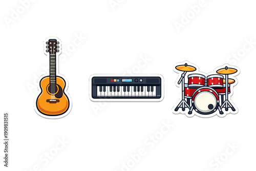 A collection of three musical instrument stickers featuring an acoustic guitar, an electronic keyboard, and a red drum kit set against a solid black background in a cartoon style.