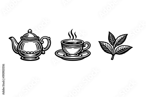 A set of three white line art icons on a black background featuring a decorative teapot, a steaming teacup on a saucer, and a sprig of tea leaves in a classic woodcut style.