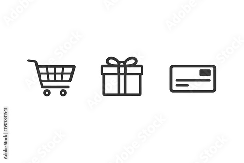 Three minimalist white line icons representing a shopping cart, a gift box, and a credit card are displayed horizontally against a solid black background for a clean look.