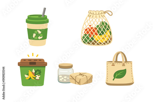A collection of zero waste lifestyle illustrations including a reusable coffee cup, mesh produce bag, compost bin, glass jar, and a tote bag with a leaf symbol on a black background.
