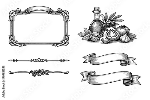 A collection of vintage hand-drawn sketches featuring an ornate frame, ribbon banners, decorative dividers, and a still life of olive oil, tomatoes, garlic, and basil on a black background.