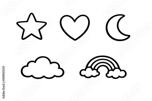 A collection of five simple black line art icons including a star, heart, crescent moon, cloud, and rainbow on a white background. Ideal for minimalist graphic design and craft projects.