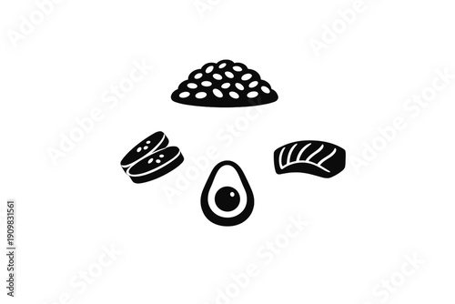 A minimalist black and white graphic illustration featuring sushi ingredients including a mound of rice, sliced cucumbers, a piece of salmon, and a halved avocado on a black background.