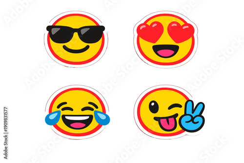 A collection of four yellow cartoon emoji stickers featuring various expressions including sunglasses, heart eyes, laughing with tears, and a winking face with a peace sign.