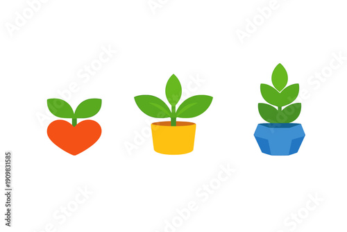Three stylized plant icons showing growth stages on a black background. The first plant grows from a heart, the second in a yellow pot, and the third in a blue geometric pot.