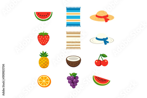 A collection of colorful summer icons featuring various fruits like watermelon, strawberry, and pineapple, along with beach towels and sun hats, all set against a solid black background.