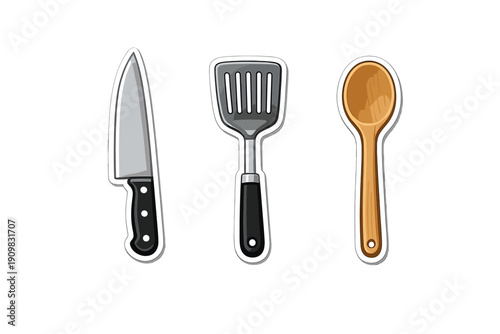 A set of three kitchen utensil stickers including a chef's knife, a metal spatula, and a wooden spoon, all featuring white outlines and set against a solid black background.