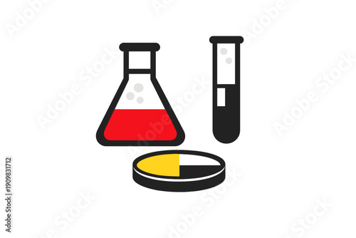 This flat vector illustration shows laboratory equipment including an Erlenmeyer flask filled with red liquid, a test tube, and a petri dish against a black background.