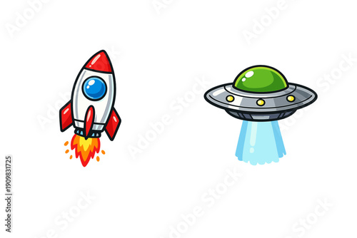 This illustration features a colorful cartoon rocket ship launching into space alongside a flying saucer UFO with a glowing beam, isolated on a plain black background.