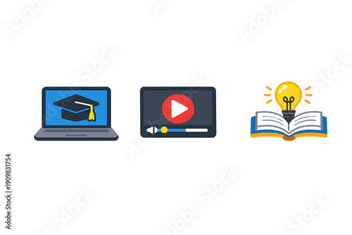 Three icons representing online education and learning concepts including a laptop with a graduation cap, a video player interface, and an open book with a glowing lightbulb above it.