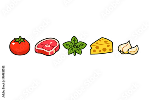 A row of five colorful food icons including a tomato, raw steak, basil leaves, Swiss cheese, and garlic cloves, all set against a solid black background in a cartoon style.