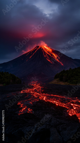 AI generator images of  erupting volcano, with bright red lava flowing down the slopes and spreading across the solidified lava below. This is an efficient eruption, where the lava flows out more than