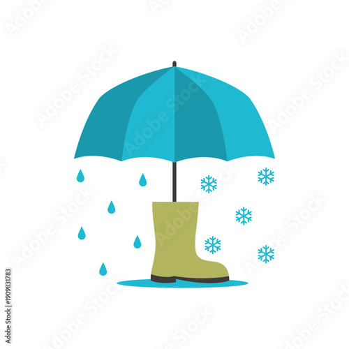 A green rubber boot is placed under a blue umbrella. Raindrops are falling, and snowflakes are surrounding the umbrella, showing different weather conditions.