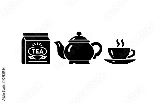 A white minimalist logo for tea on a black background. It features the word TEA in an oval with sun rays above and two leaves below, resting on two horizontal lines.