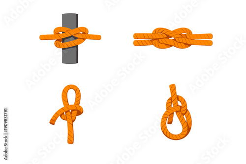 This vector illustration displays four common types of orange rope knots, such as the clove hitch and bowline, neatly arranged on a plain black background for clarity.