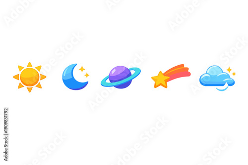 A set of five colorful 3D celestial icons including a sun, crescent moon, ringed planet, shooting star, and a cloud with a moon, all isolated on a solid black background.
