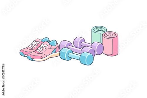 A colorful illustration featuring a pair of pink and blue sneakers, three dumbbells in blue and purple, and two rolled-up exercise mats on a solid black background.