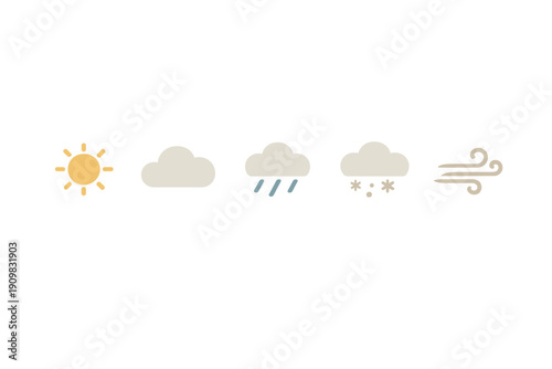 Five simple weather icons arranged horizontally on a black background, featuring symbols for sunny, cloudy, rainy, snowy, and windy conditions in a minimalist vector style.