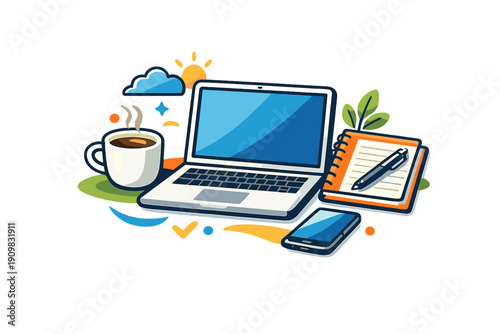 A vibrant vector illustration of a modern workspace featuring a laptop, a steaming cup of coffee, a notebook with a pen, and a smartphone against a dark background with sun and cloud icons.
