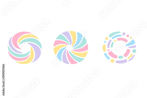 Three abstract circular icons featuring pastel colors like pink, yellow, and blue are displayed against a solid black background. Each design uses swirling or dotted geometric patterns.