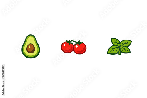 A flat vector illustration featuring a halved avocado with a pit, two ripe red cherry tomatoes, and a fresh green basil sprig isolated on a solid black background.
