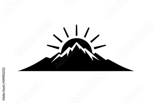 A minimalist black and white line drawing of a simple house in a rural landscape under a large sun with radiating rays. The scene features a flat horizon and sparse grass.