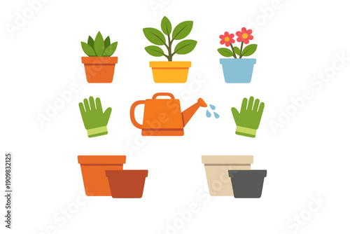 This flat illustration set includes various gardening tools and plants such as a watering can, green gloves, and several potted flowers and succulents on a black background.