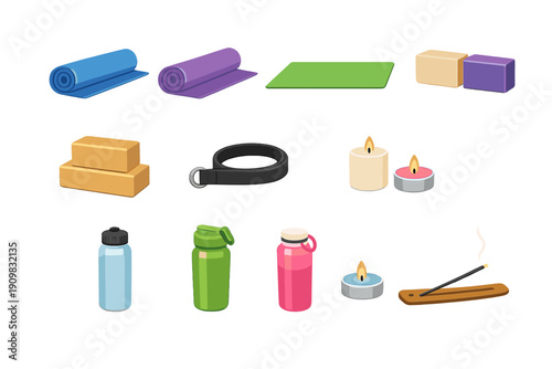 This illustration features various yoga accessories such as rolled mats, yoga blocks, a stretching strap, reusable water bottles, lit candles, and burning incense.