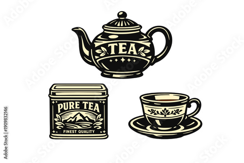 A vintage-style illustration set featuring a decorative teapot, a tea tin with a mountain landscape, and a teacup on a saucer, all rendered in a classic woodcut aesthetic.