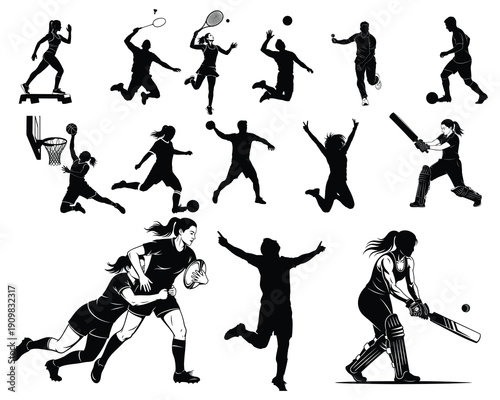 Collection of silhouette illustrations of people engaging in various sports