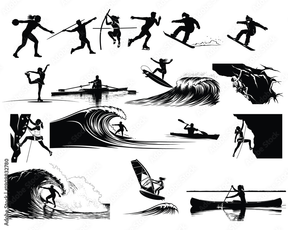 Obraz premium Collection of surfers and water sports silhouettes in various actions