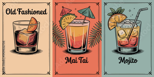 Old Fashioned cocktail poster, dark amber drink with large ice cubes, orange wedge and recipe text