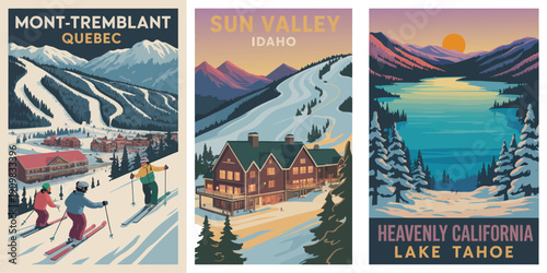 Mont-Tremblant Quebec poster, winter ski scene with silhouetted skiers, snowy slope, and lodge background